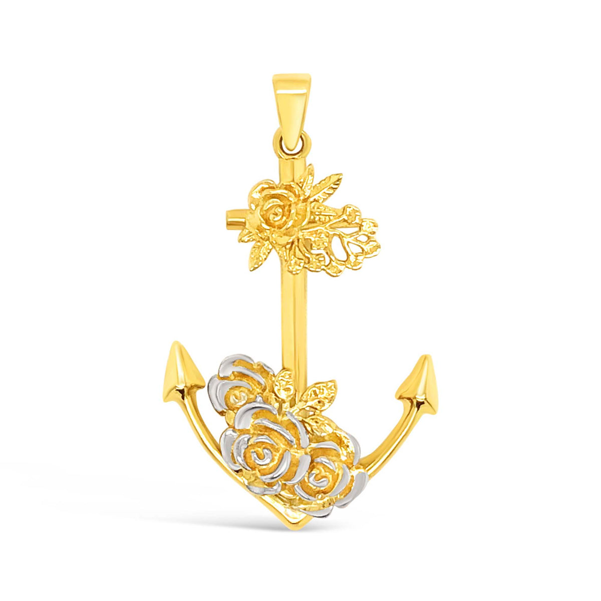 14k 2 Tones Gold Flower Anchor Pendant