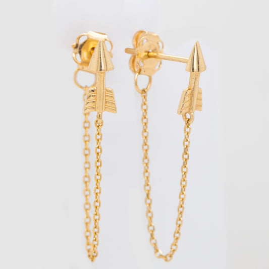 14K Yellow Gold Arrow Chain Pushback Earrings