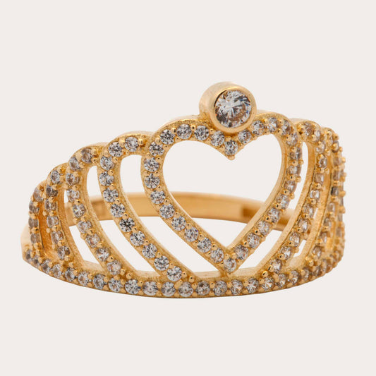 14K Yellow Gold Crown Heart Solitaire CZ Ring