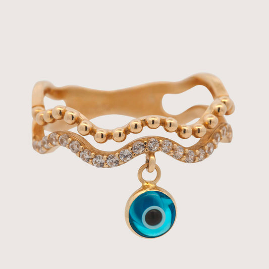 14K Yellow Gold Wavy Double Band Blue Evil Eye Dangling CZ Ring