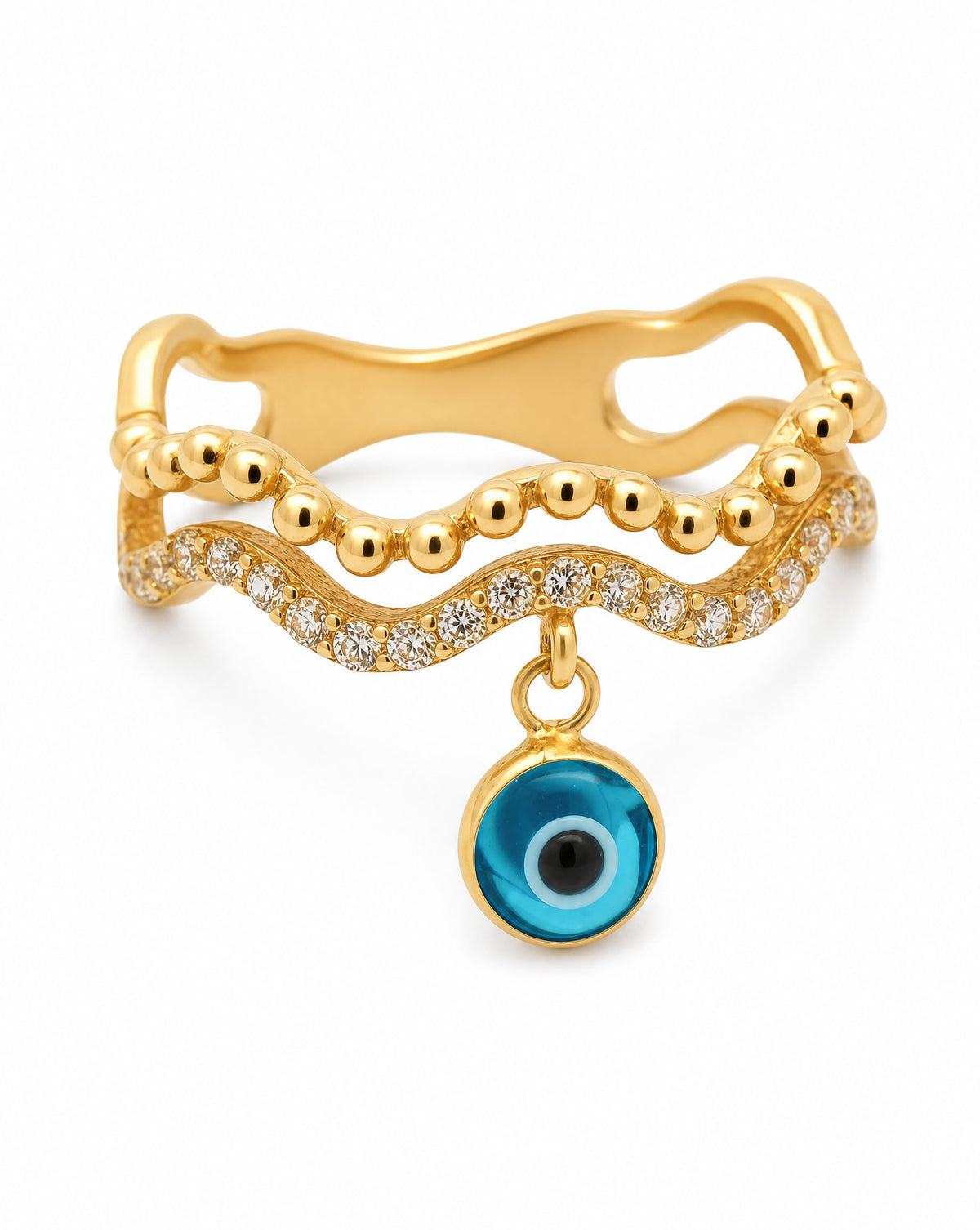 14K Yellow Gold Wavy Double Band Blue Evil Eye Dangling CZ Ring