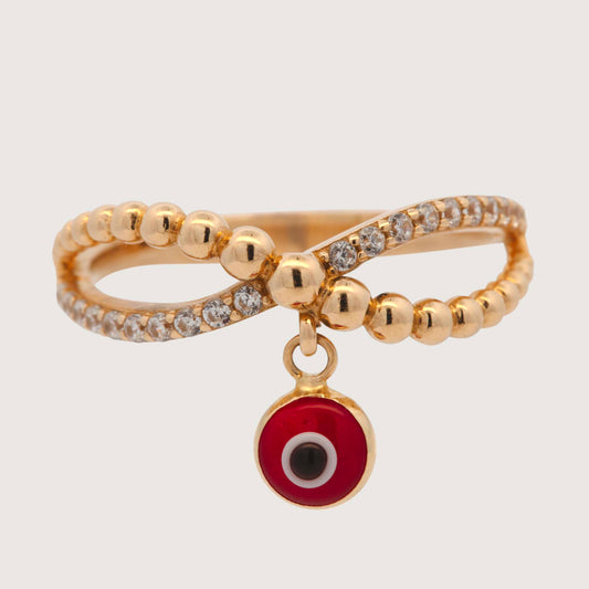 14K Yellow Gold Red Evil Eye Twisted Dangling CZ Ring