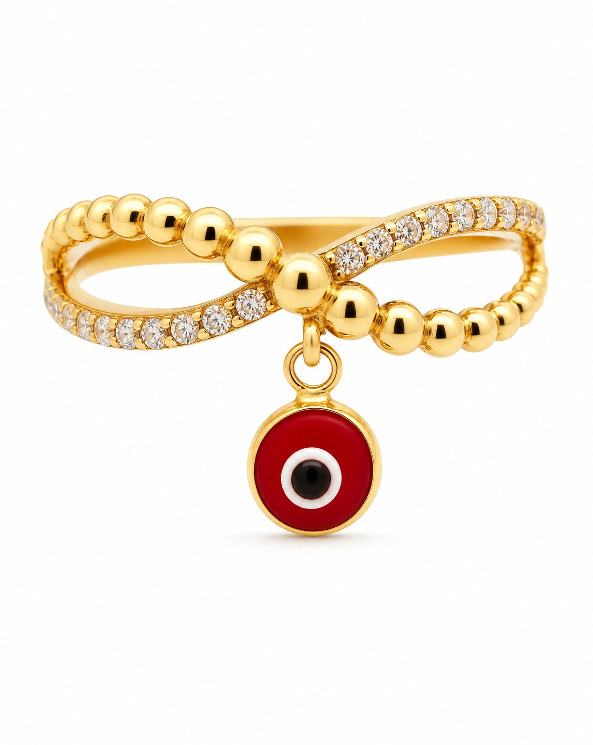 14K Yellow Gold Red Evil Eye Twisted Dangling CZ Ring