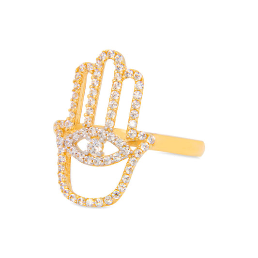 14K Yellow Gold Hamsa CZ Ring