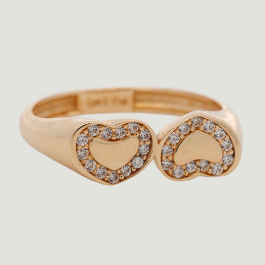 14K Yellow Gold Two Hearts CZ Outlined CZ Ring