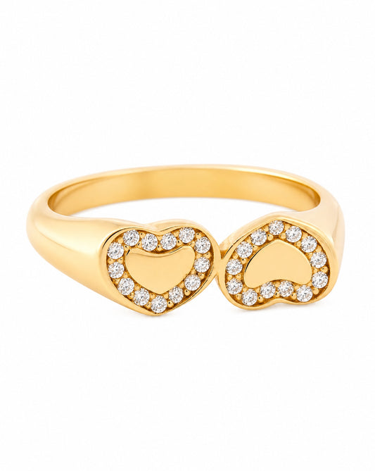 14K Yellow Gold Two Hearts CZ Outlined CZ Ring