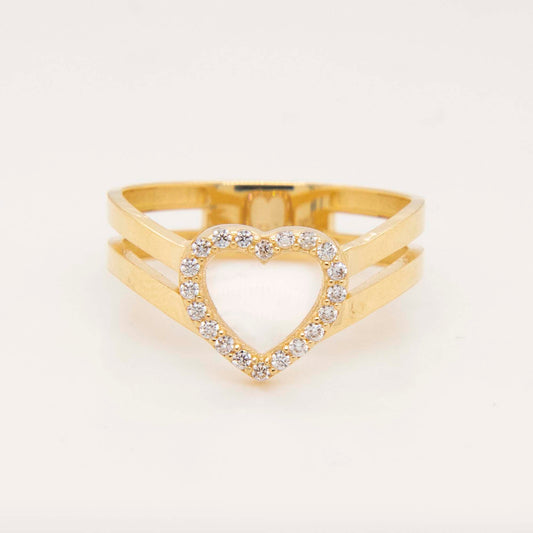 14K Yellow Gold CZ Open Heart Double Band Ring