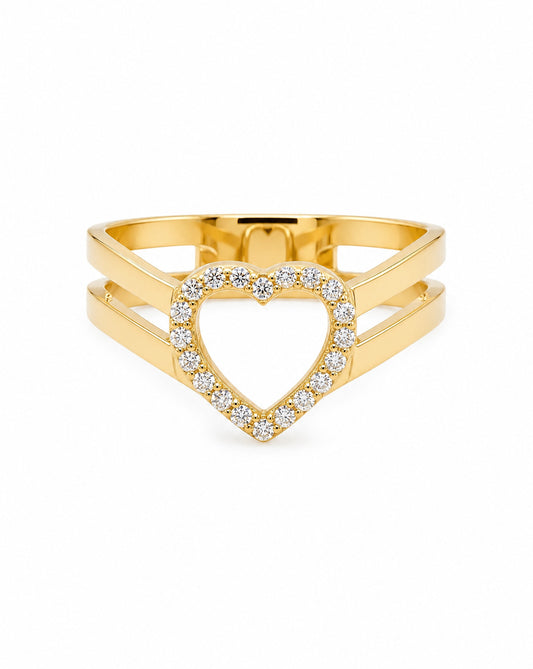 14K Yellow Gold CZ Open Heart Double Band Ring