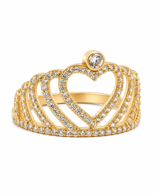 14K Yellow Gold Crown Heart Solitaire CZ Ring