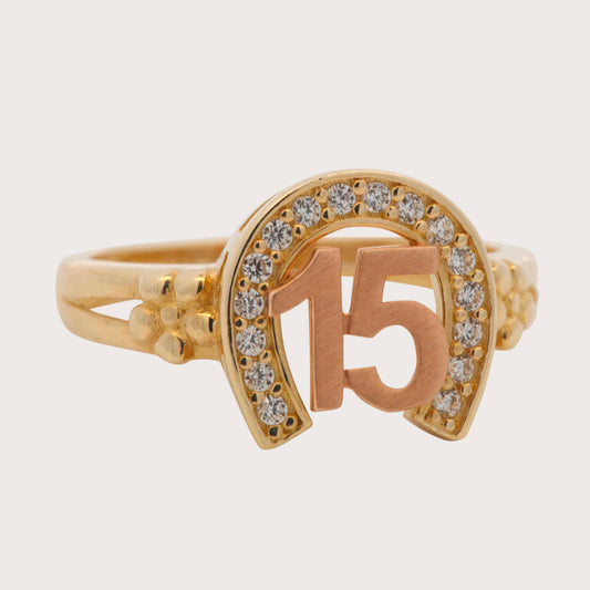 14K Two-Tone Horseshoe Quinceañera CZ Ring