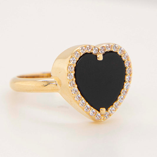 14K Yellow Gold Black Acrylic Heart with Halo CZ Ring