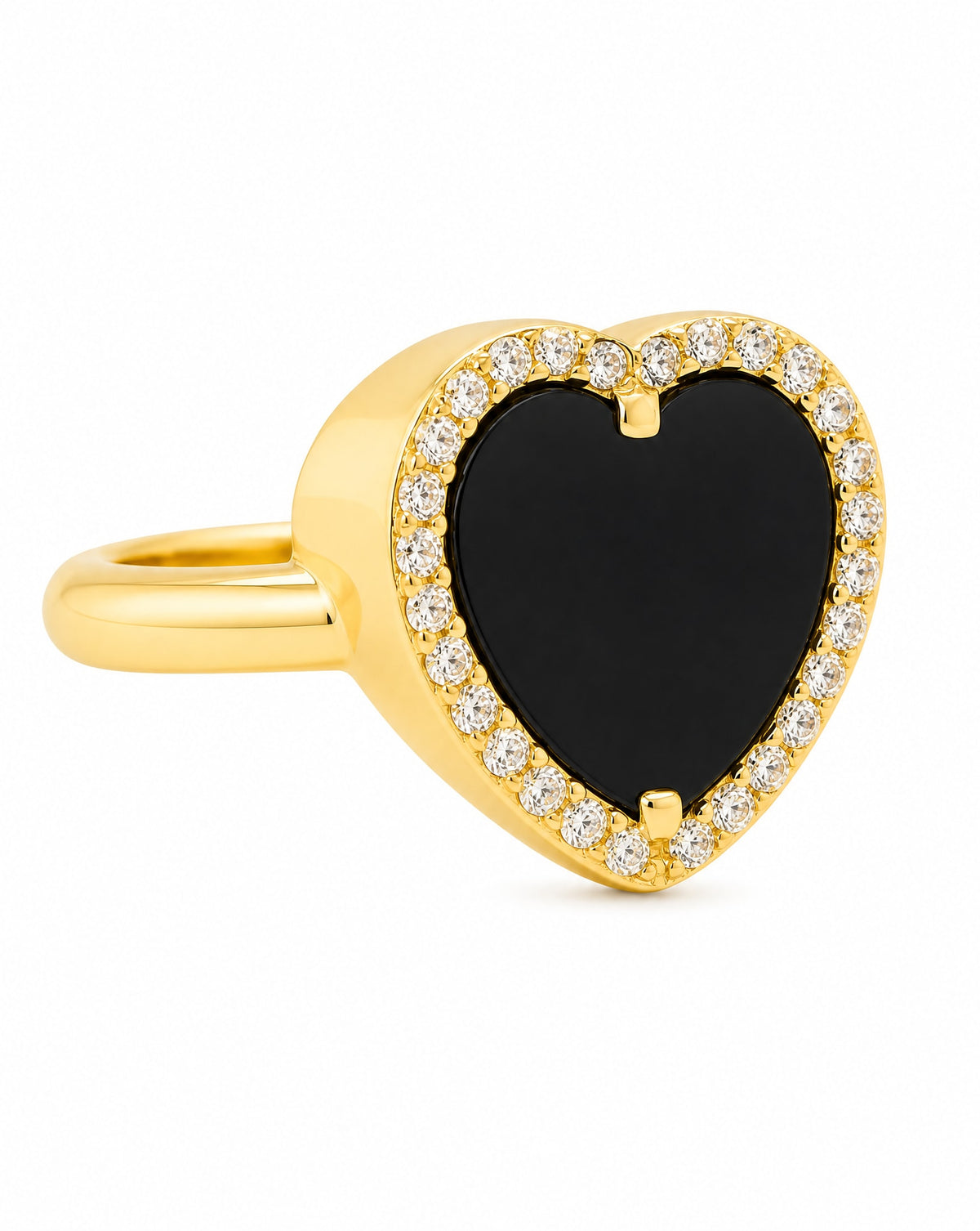 14K Yellow Gold Black Acrylic Heart with Halo CZ Ring