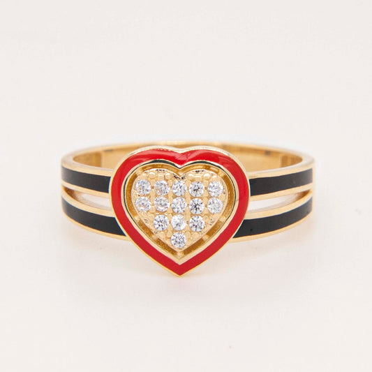 14K Yellow Gold Black & Red Enamel Heart CZ Ring