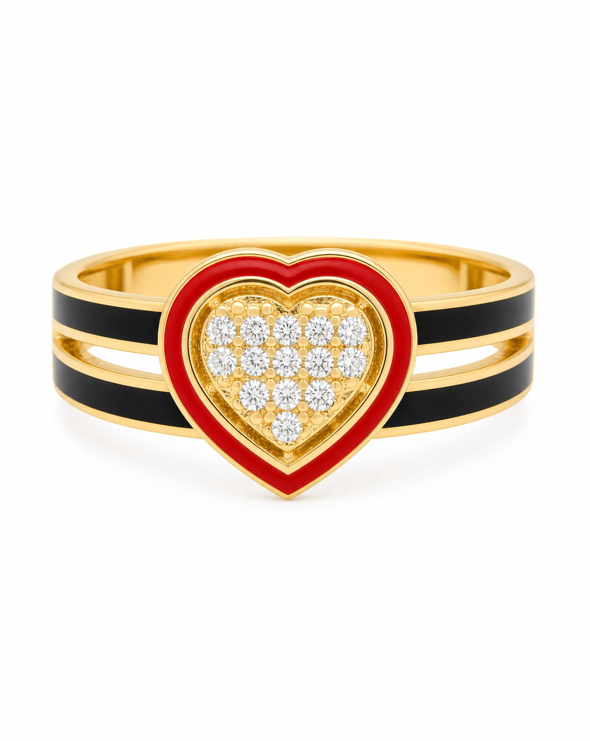 14K Yellow Gold Black & Red Enamel Heart CZ Ring