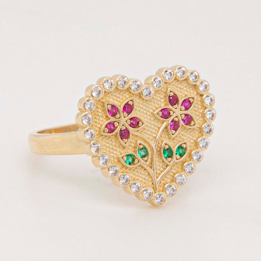 14K Yellow Gold Floral Heart Textured CZ Ring