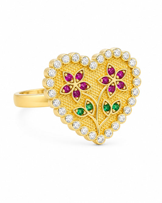 14K Yellow Gold Floral Heart Textured CZ Ring