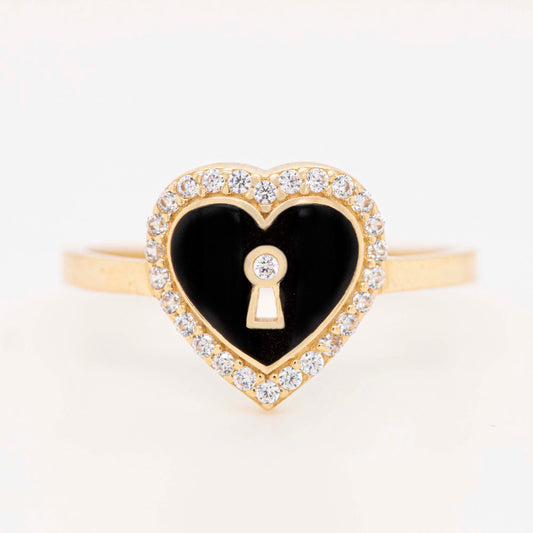 14K Yellow Gold Black Enamel Keyhole Heart Halo CZ Ring