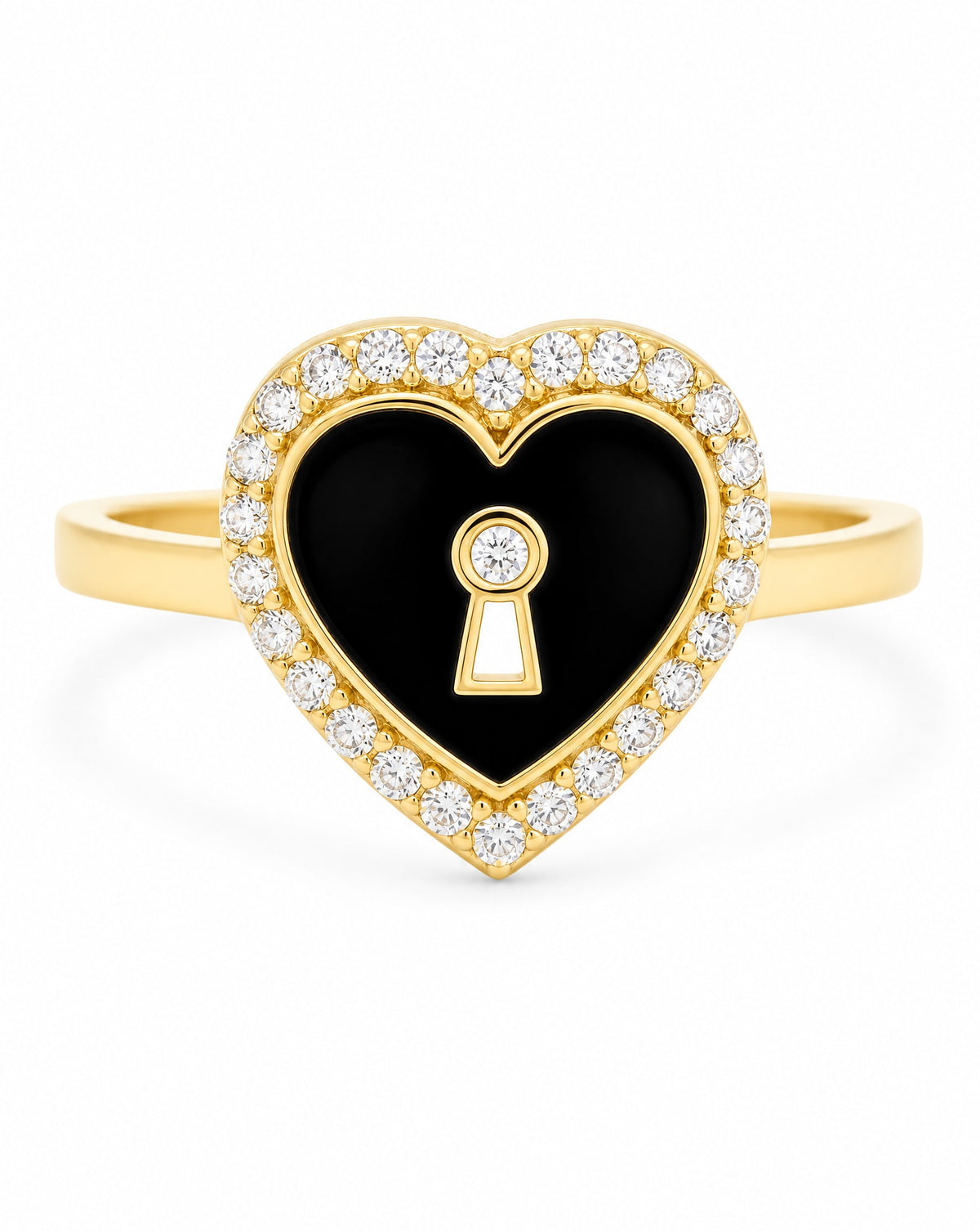 14K Yellow Gold Black Enamel Keyhole Heart Halo CZ Ring