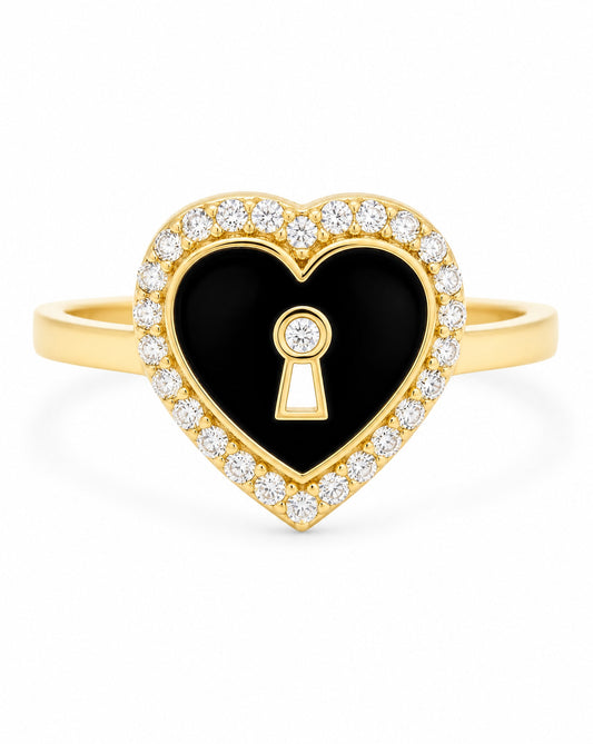 14K Yellow Gold Black Enamel Keyhole Heart Halo CZ Ring