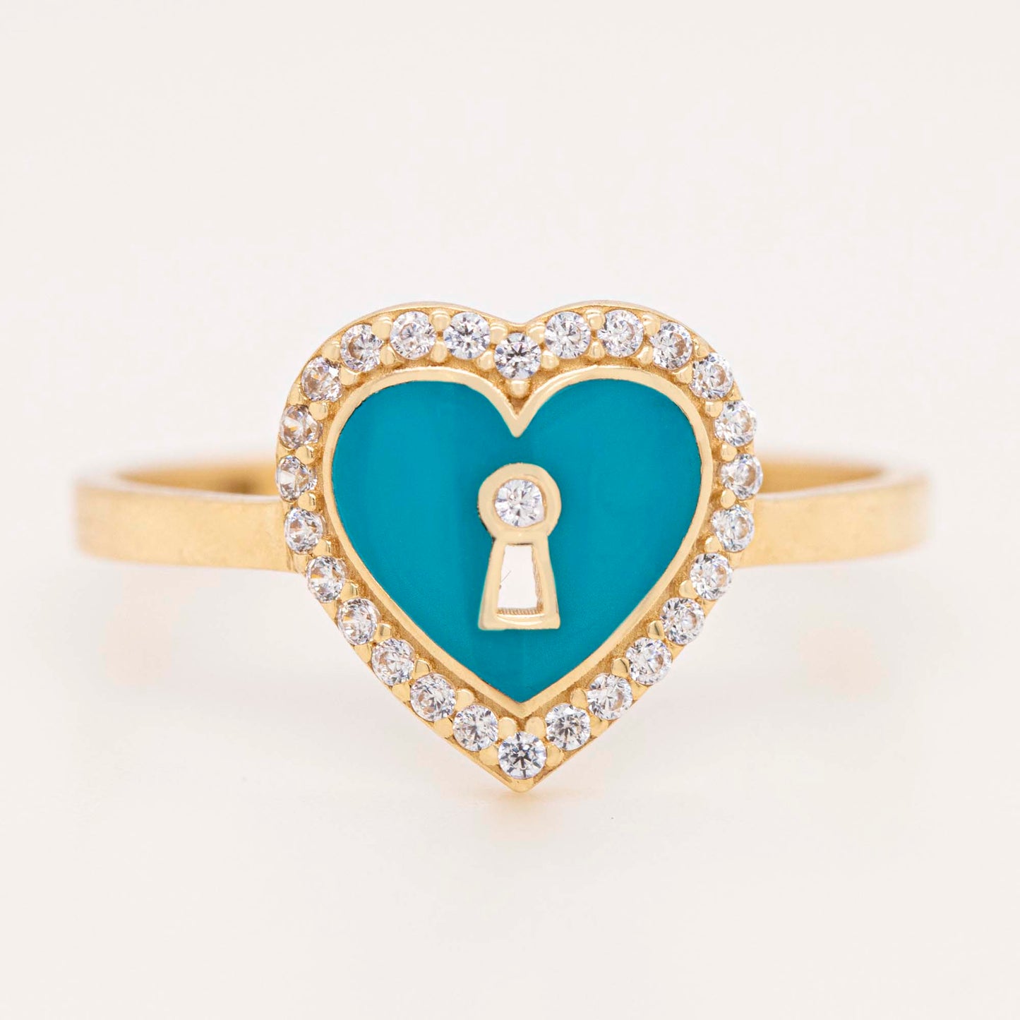 14K Yellow Gold Teal Enamel Keyhole Heart Halo CZ Ring