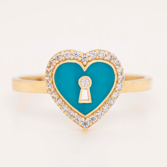 14K Yellow Gold Teal Enamel Keyhole Heart Halo CZ Ring