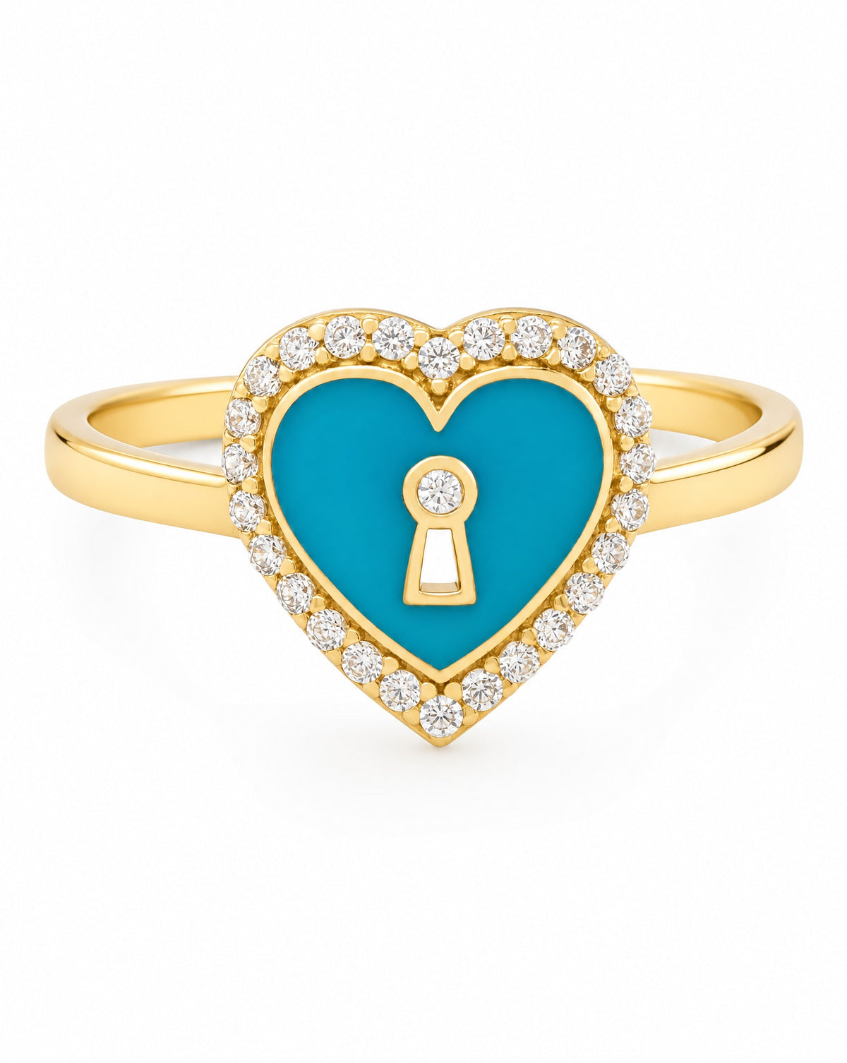 14K Yellow Gold Teal Enamel Keyhole Heart Halo CZ Ring