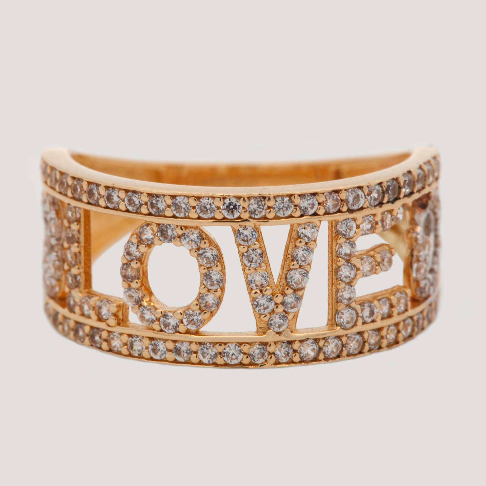 14K Yellow Gold Wide "Love" Pave with CZ Hearts Ring