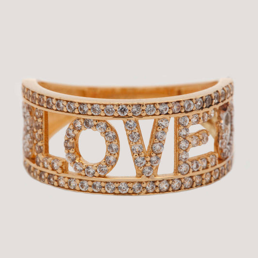 14K Yellow Gold Wide "Love" Pave with CZ Hearts Ring