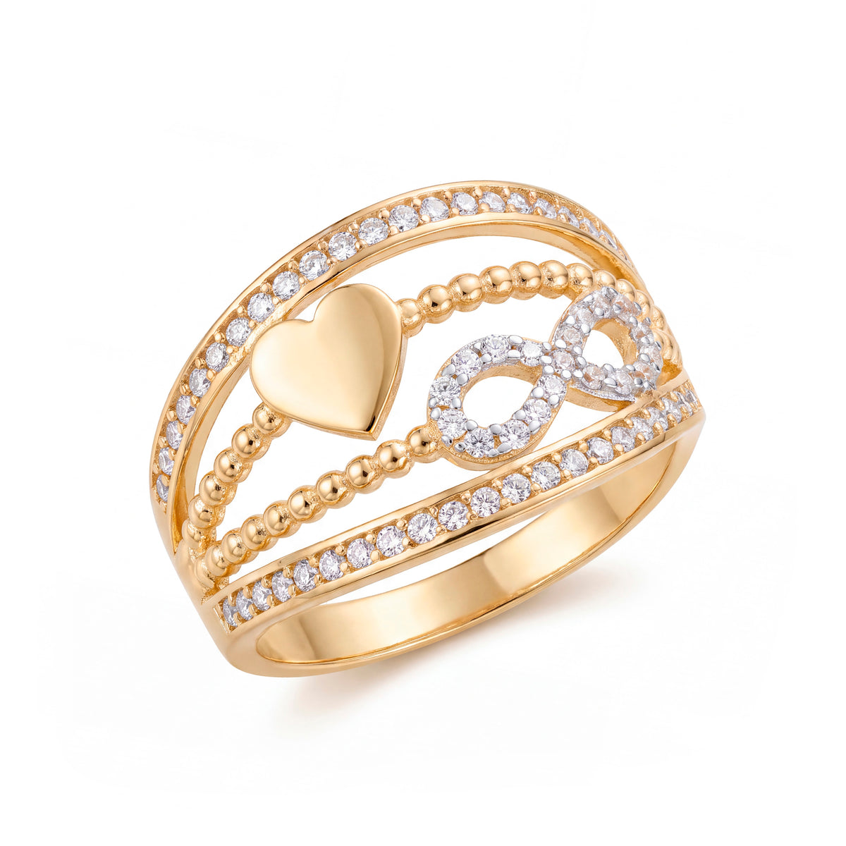 14K Two-Tones Gold Heart and Infinity Layered with CZ Accents Ring