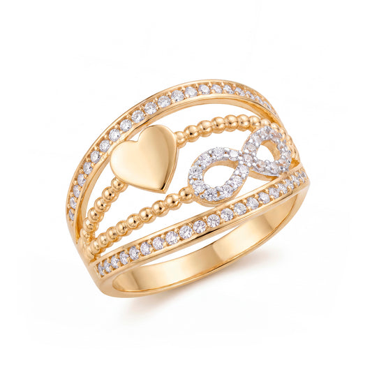14K Two-Tones Gold Heart and Infinity Layered with CZ Accents Ring