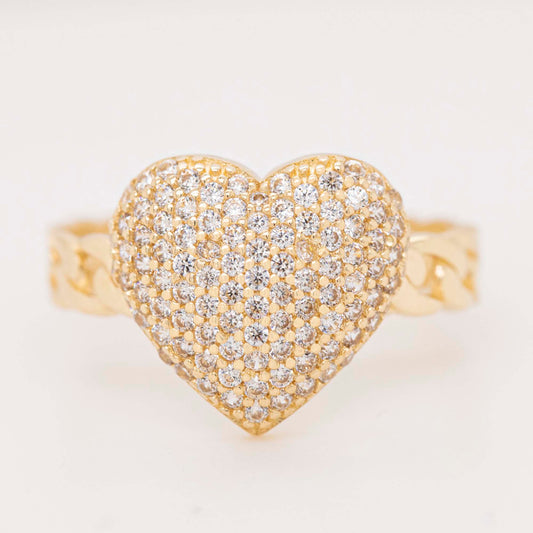 14K Yellow Gold Large Pave CZ Heart Chain Link Ring
