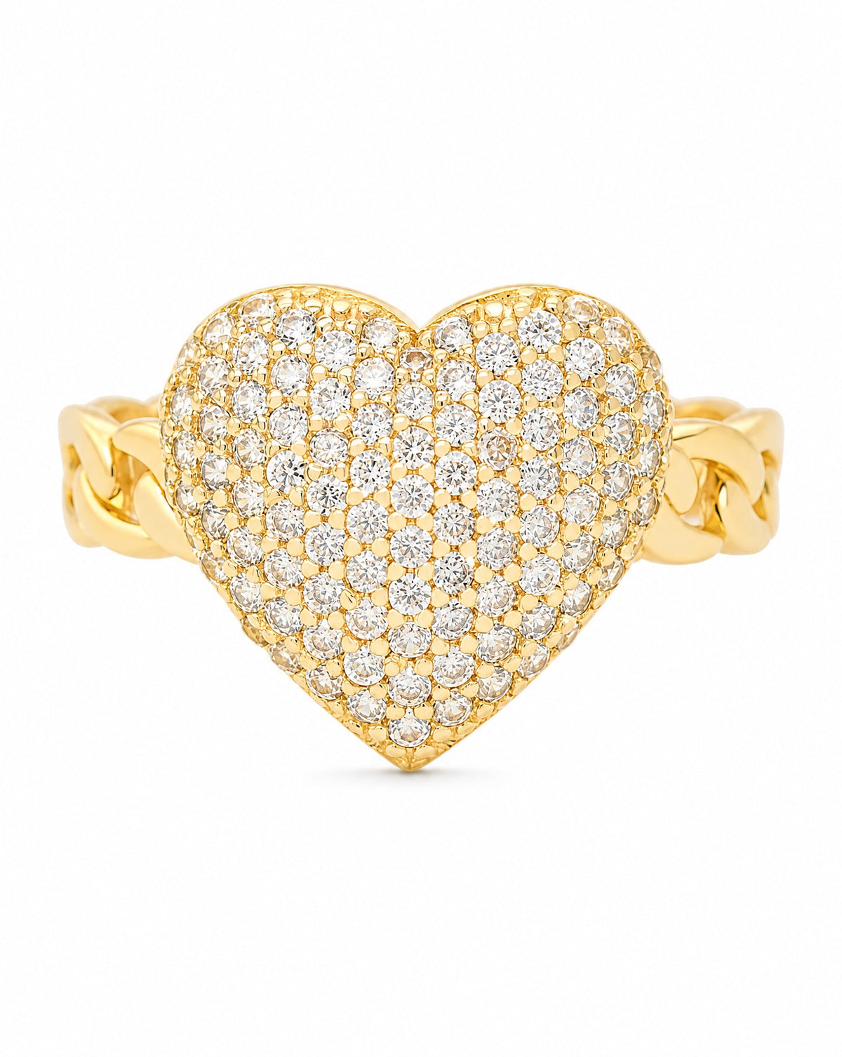14K Yellow Gold Large Pave CZ Heart Chain Link Ring