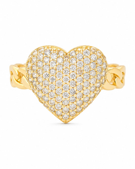 14K Yellow Gold Large Pave CZ Heart Chain Link Ring