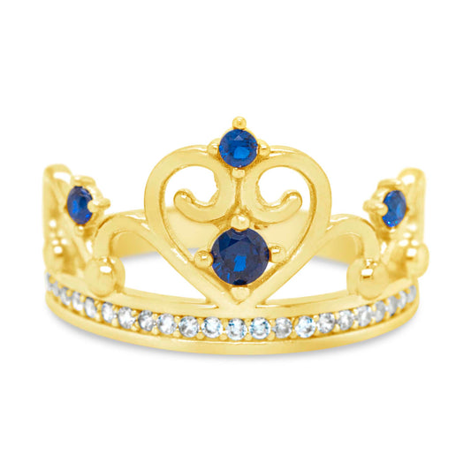 14K Yellow Gold Blue Stone Crown CZ Ring
