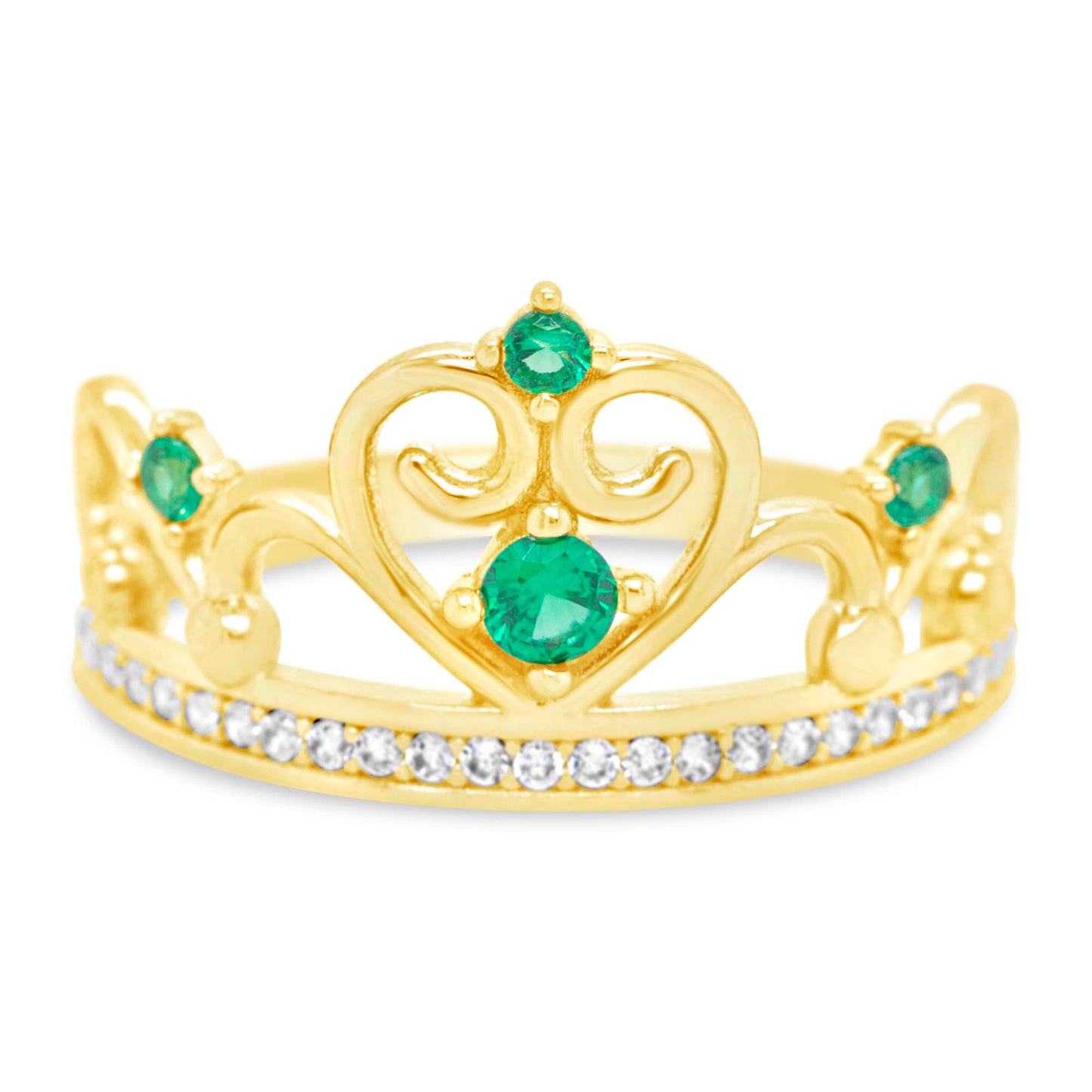 14K Yellow Gold Green Stone Crown CZ Ring