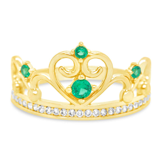 14K Yellow Gold Green Stone Crown CZ Ring