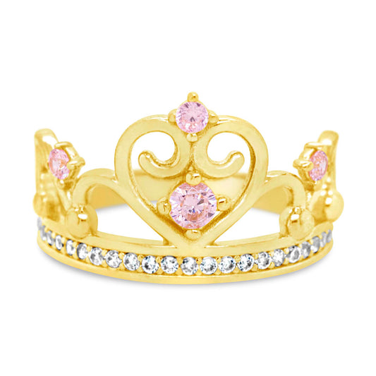 14K Yellow Gold Light Pink Stone Crown CZ Ring