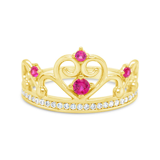14K Yellow Gold Hot Pink Stone Crown CZ Ring
