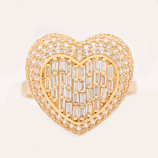14K Yellow Gold Large Pave Baguette Heart CZ Ring