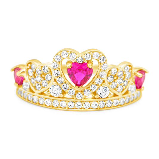14K Yellow Gold Hot Pink Heart Crown CZ Ring