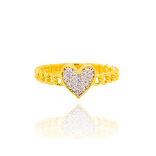 14K Yellow Gold CZ Heart Chain Link Ring