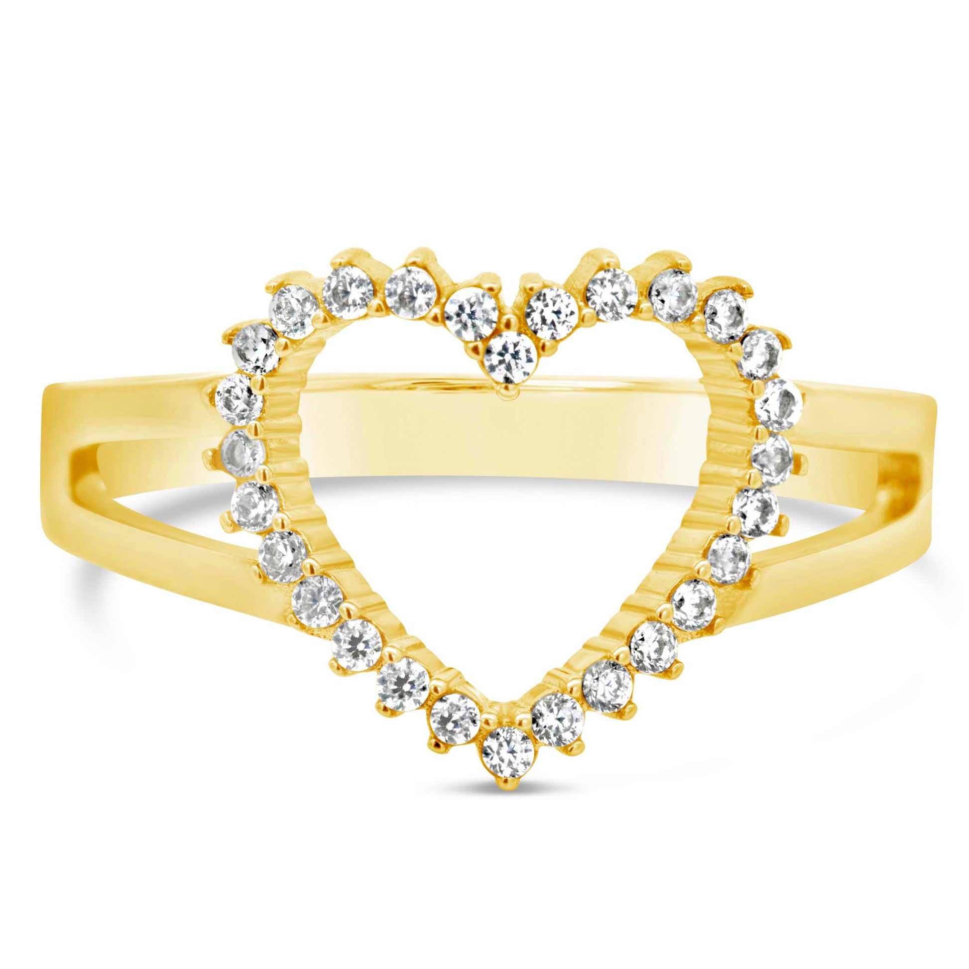 14K Yellow Gold Open Heart Double Band CZ Ring