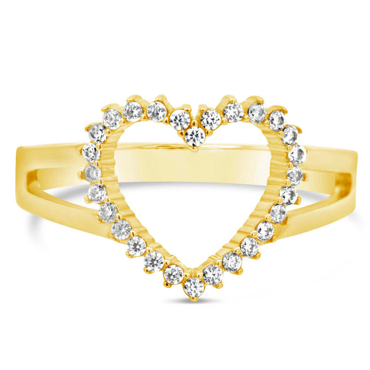 14K Yellow Gold Open Heart Double Band CZ Ring