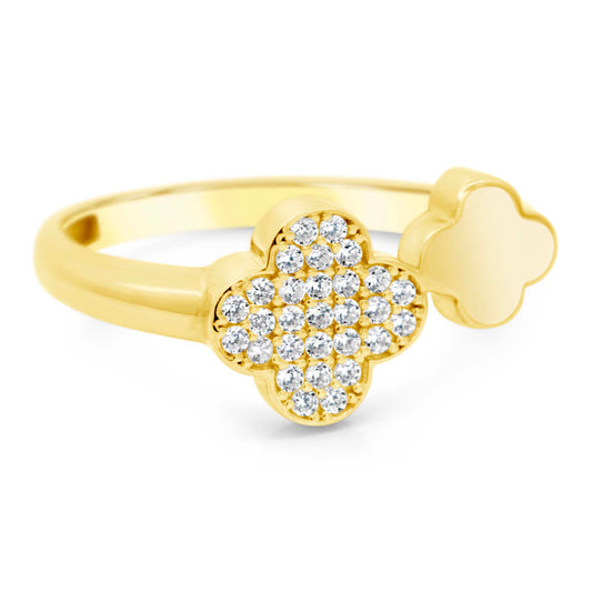 14K Yellow Gold CZ Clover & Polished Clover Bypass Ring