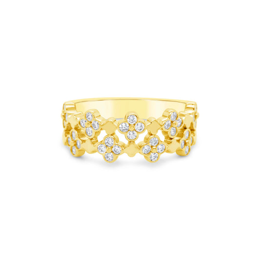 14K Yellow Gold Wide Clover Pattern CZ Ring