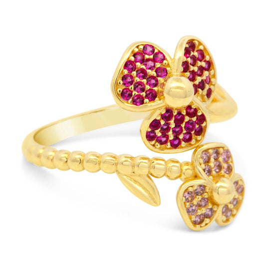 14K Yellow Gold Floral Duo Multi-Color Bypass CZ Ring