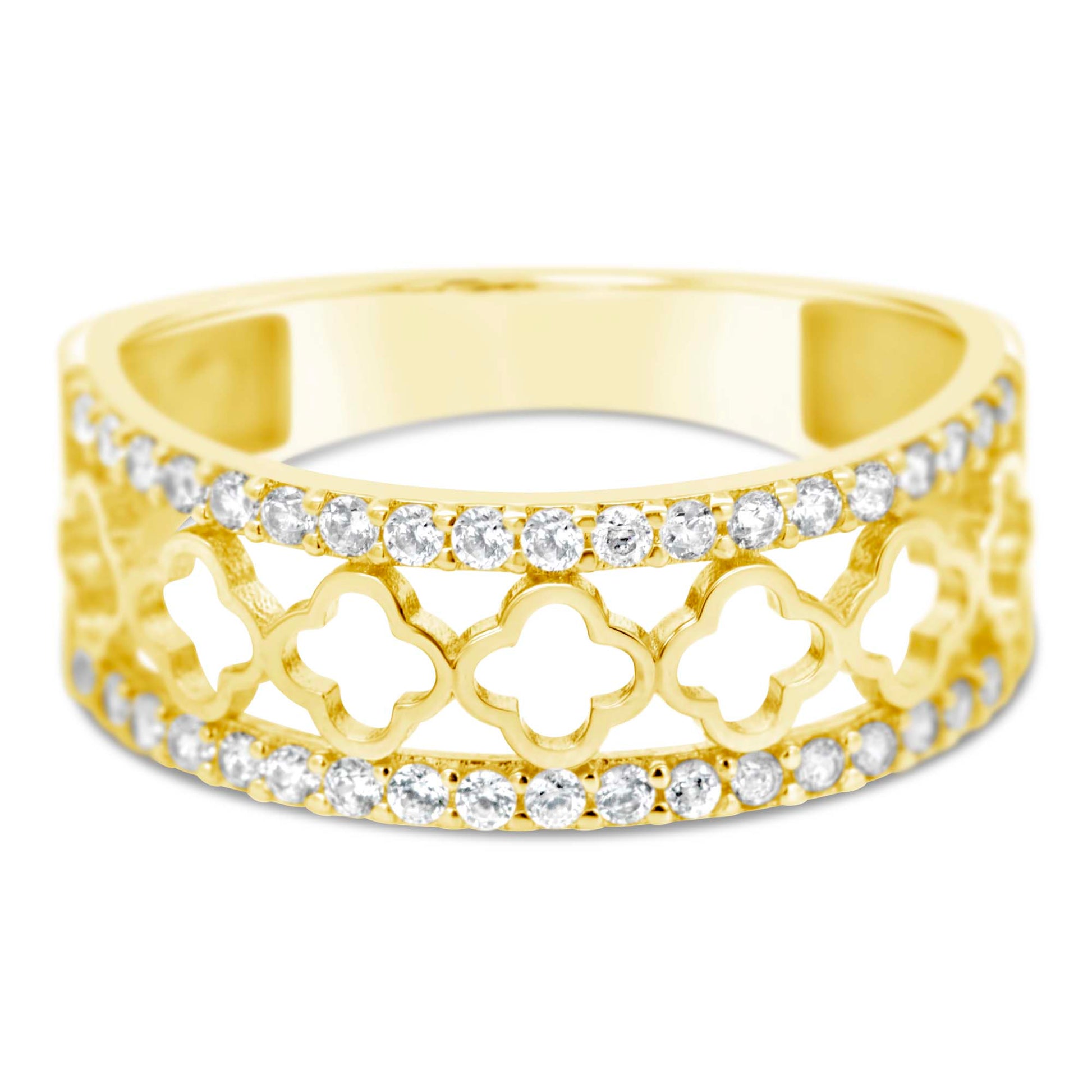 14K Yellow Gold Wide Open Clovers with CZ Border Ring