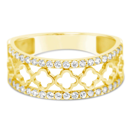 14K Yellow Gold Wide Open Clovers with CZ Border Ring