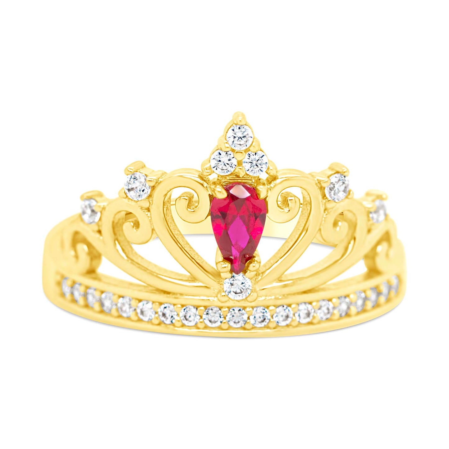 14K Yellow Gold Crown Hot Pink Solitaire Pear CZ Ring
