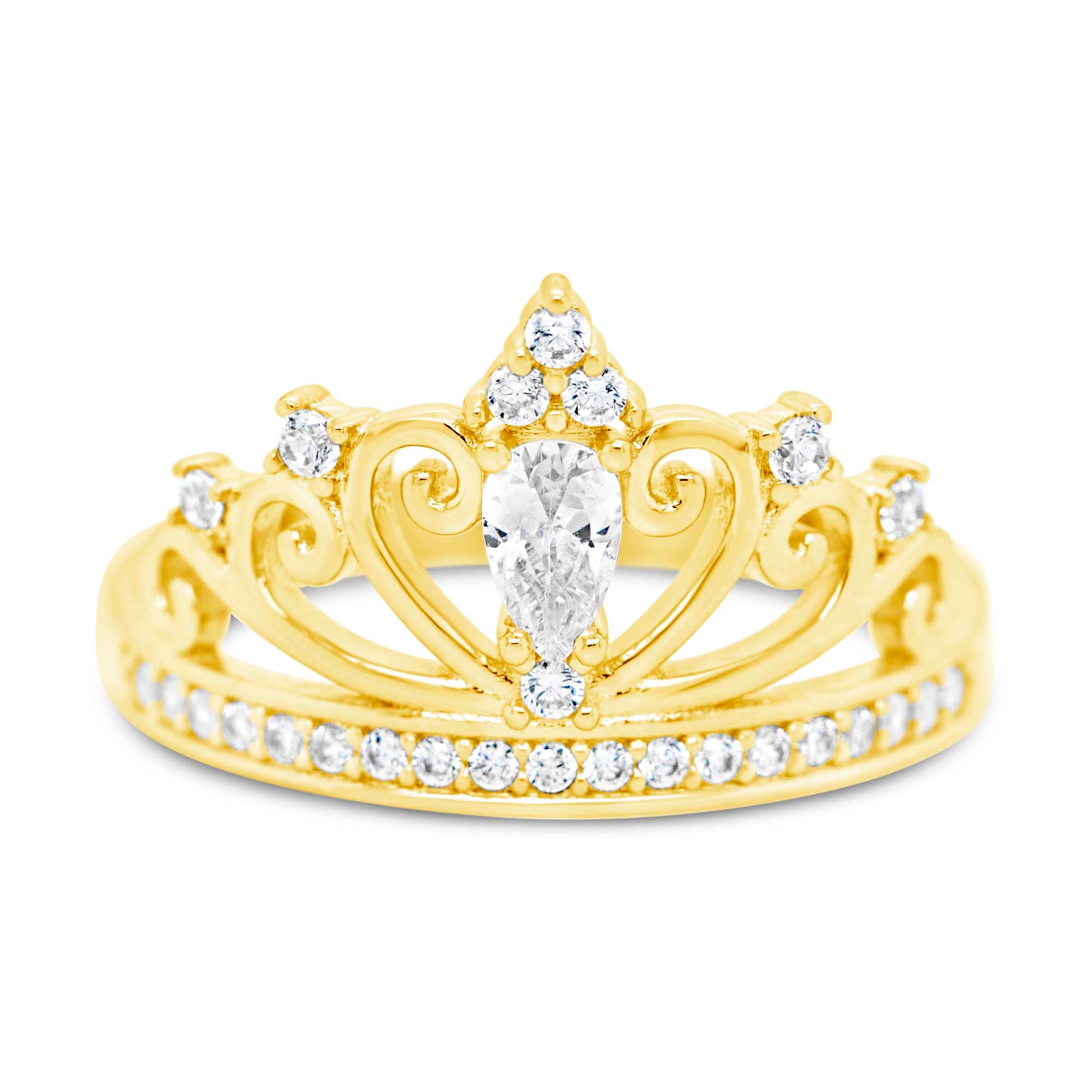 14K Yellow Gold Crown White Solitaire Pear CZ Ring
